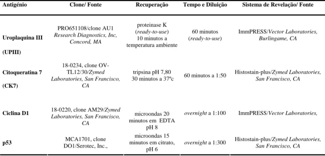 Tabela 3 – Anticorpos, métodos de recuperação antigénica e sistema de revelação utilizados 