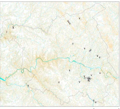Fig. 1: Esboço oro-hidrográfico da área do concelho de Fronteira,  com indicação dos monumentos megalíticos referenciados