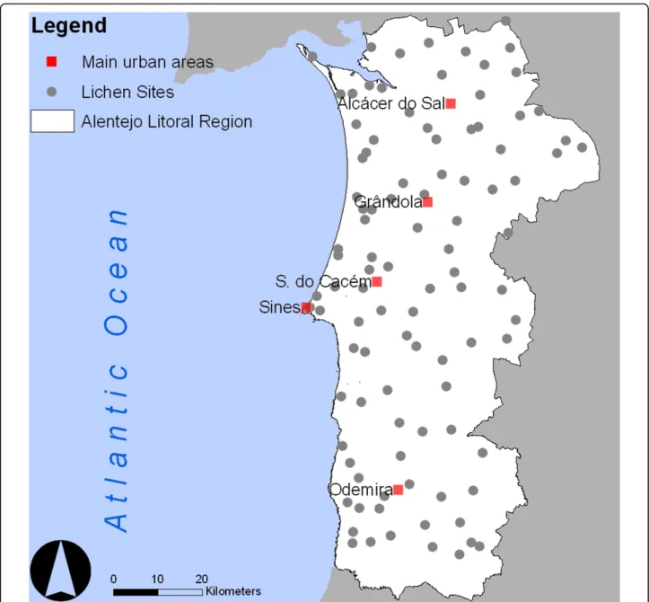 Figure 2 Sampling sites for outdoor pollution assessment. Main Urban Areas (red squares), Lichen Sites (grey dots), Alentejo Litoral Region (white polygon)