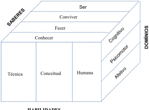Figura 3. Matriz tridimensional – habilidades, saberes e domínios de aprendizagem. Figura/crédito: Tavares,  C.A