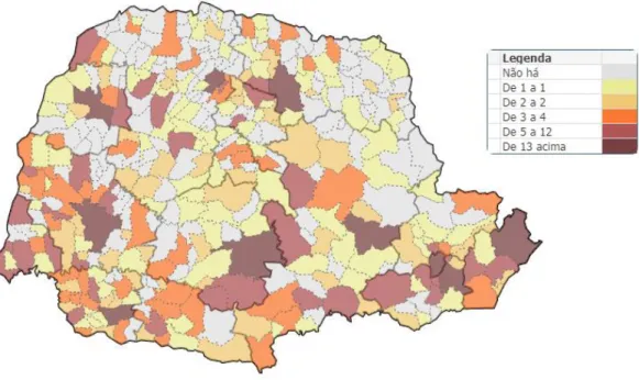 Figura 5: Ocorrência de vendavais no Estado do Paraná entre 2013 e 2017 (por município) 