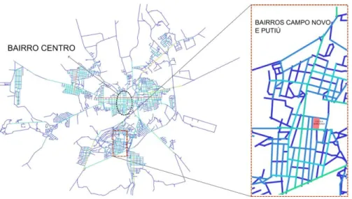 Figura 8 - Mapa axial com as medidas de conectividade da malha urbana da cidade de  Quixadá e, em destaque, dos bairros Campo Novo e Putiú