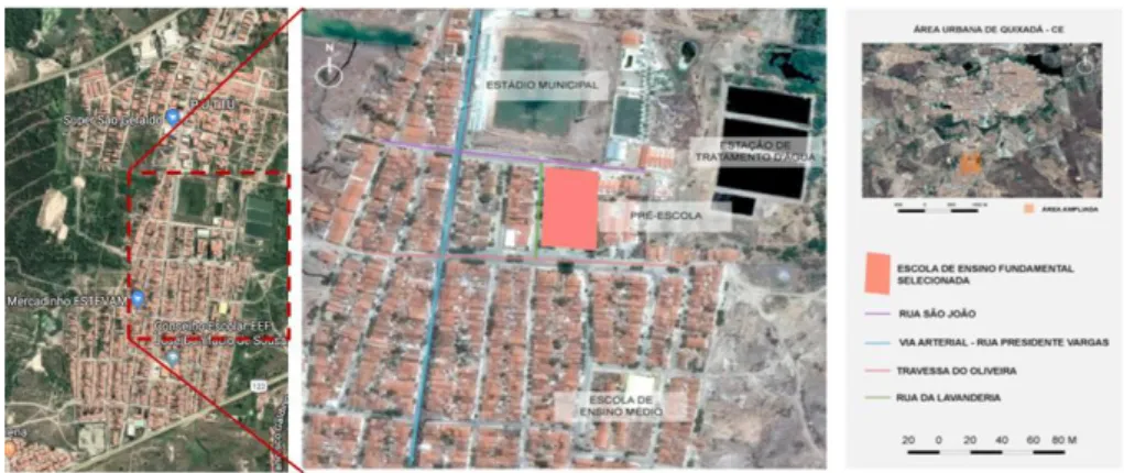 Figura 3 - Respectivamente, área dos bairros Campo Novo e Putiú, destaque para o entorno  próximo da escola, ressaltando as hierarquias de vias e equipamentos estruturantes.