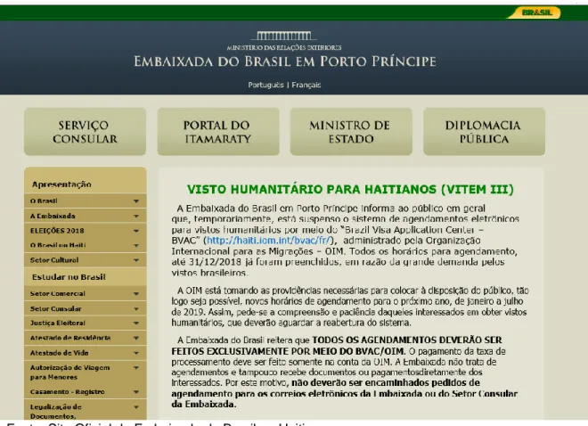 Figura 3 – Imagem informativa no site da Embaixada do Brasil no Haiti  