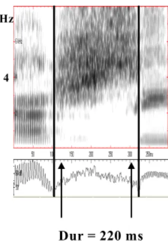 Figura 2: Espectrograma com indicação da localização (cf. setas) do centro de duas das janelas de  análise espectral da região fricativa correspondente a uma sequência /S#s/
