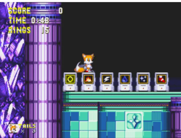 Figure 2.2: A set of power-ups in Sonic 3 &amp; Knuckles, including a speed boost, invulnerability, and three different types of shield.