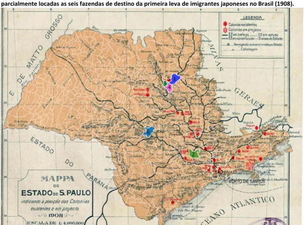 Figura 6 – Mapa do estado de São Paulo indicando a localização atual dos municípios onde estavam locadas ou  parcialmente locadas as seis fazendas de destino da primeira leva de imigrantes japoneses no Brasil (1908)