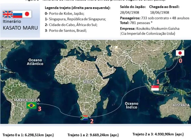 Figura 1 – Itinerário do Navio Kasato Maru em sua primeira viagem ao Brasil (1908). 