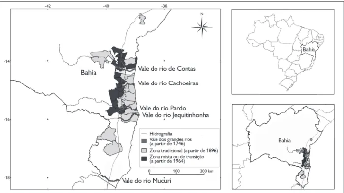 Figura 1. Cartografia da evolução histórica do cultivo de cacau nos municípios do sudeste da Bahia, compondo diferentes zonas produtoras  (modificado de Gramacho et al., 1992).