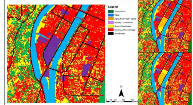 Figure 2 – Land-use map for the Base scenario (left) and Scenarios 1 (upper-right) and 2 (lower-right) 