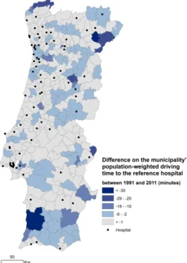 Figure 4. Differences in minutes between 1991 and 2011 of the Population-weighted driving time to  the reference hospital by municipality