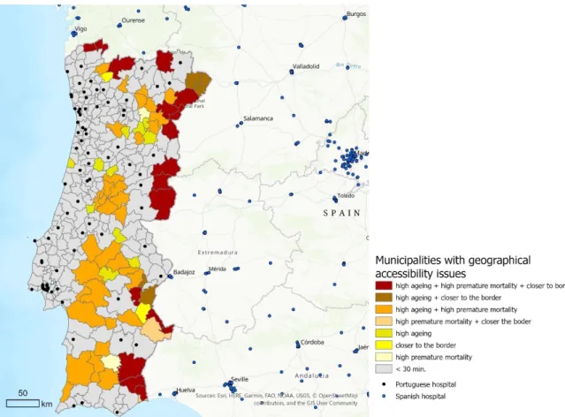 Figure 8. Municipalities with geographical accessibility issues regarding the demographic  characteristics analyzed, 2011