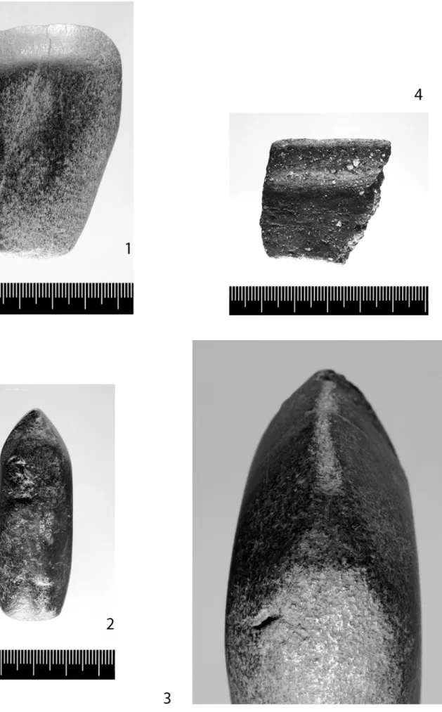 Figure 12. 1, 2, 3: used polished stone axe CBR-397; 4: ceramic shard CBR-520.