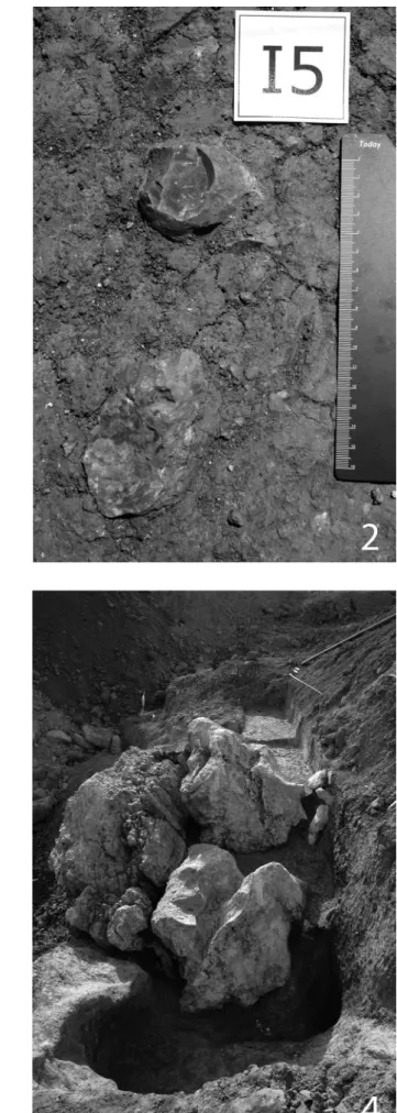 Figure 8. 1: the site when discovered, before excavation; 2: fl  int nodules; 3: layer 4; 4: the pit and the bedrock after the excavations.