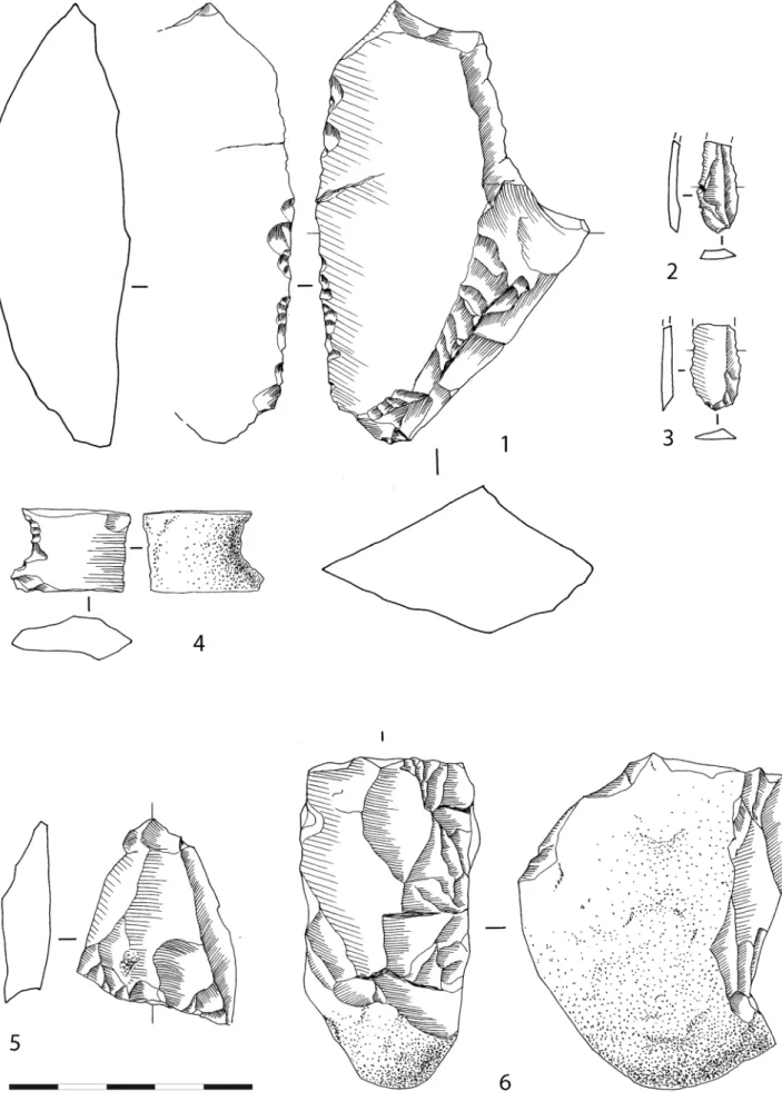 Figure 10. 1: scraper CBR-457; 2, 3: bladelets CBR 301, 417; 4: denticulated CBR-345; 5: fl  ake CBR-435; 6: nucleus CBR-297