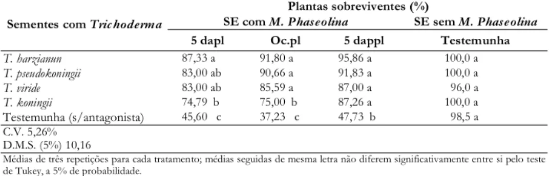 Tabela 1. —  Efeito do tratamento de sementes de feijão com espécies de Trichoderma e plantio em solo  esterilizado, artificialmente infestado com Macrophomina phaseolina, em três períodos distintos,  em relação a sobrevivência das plantas 