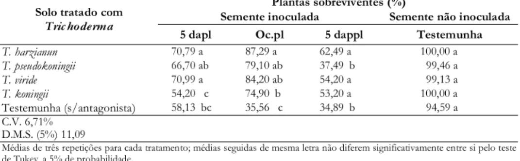 Tabela 3. —  Efeito do tratamento do solo esterilizado com Trichoderma aplicada em três períodos  distintos, na sobrevivência de plantas de feijão oriundas de sementes inoculadas com  Macrophomina phaseolina  