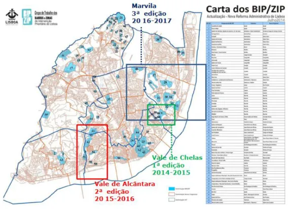 Fig. 1 - Carta dos Bairros e Zonas de Intervenção Prioritária (BIPZIP) de Lisboa. Fonte: C.M.L.e autores 