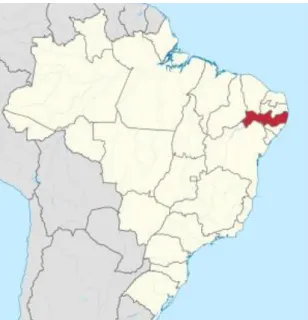Figura 1. Localização da área de estudo: mapa de Pernambuco no mapa do Brasil (e) e mapa de Pernambuco  com a divisão dos territórios ou mesorregiões do Estado (d)