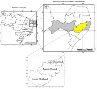 Figura  1.  Mapa  de  localização  do  Brasil,  com  identificação  do  estado  de  Pernambuco  e  destaque para as regiões do Agreste Setentrional, Central e Meridional