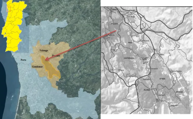 Figure 1 - Location of the study area in the metropolitan Porto area (left) and in PSeP (right) 