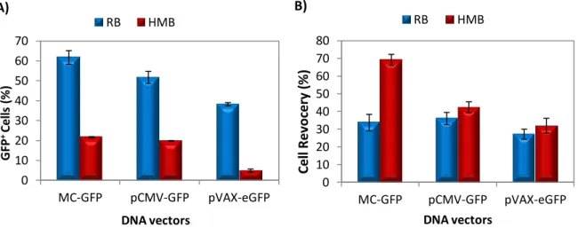 Figure  7:  Comparison  of  Transfection  efficiencies  of  CGR8-NSCs  ressuspended  in  RB  and  HMB  and  transfected  with  different  vectors  (MC-GFP;  pCMV-GFP;  pVAX-eGFP)  and  transfected  using  1500V/20ms/1p as microporation parameters