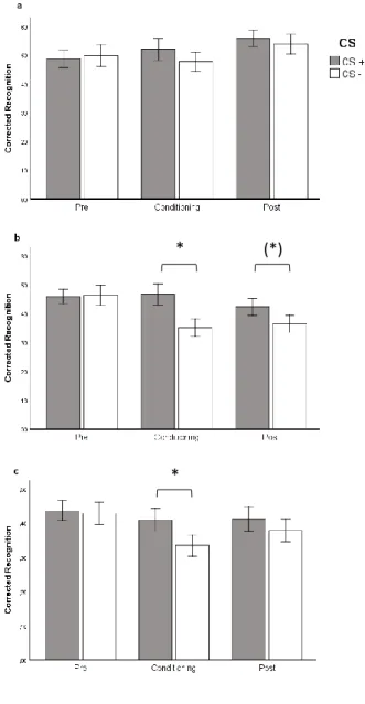 Figure 3. Corrected Recognition for immediate (a), 6h (b) and 24h (c) retrieval groups