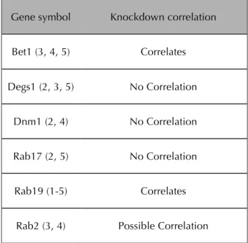 Table  12  –  Summary  for  gene  knockdown  level  correlation  with  phenotype  for  hit  genes (in brackets is indicated shRNA number that provided observed phenotype)