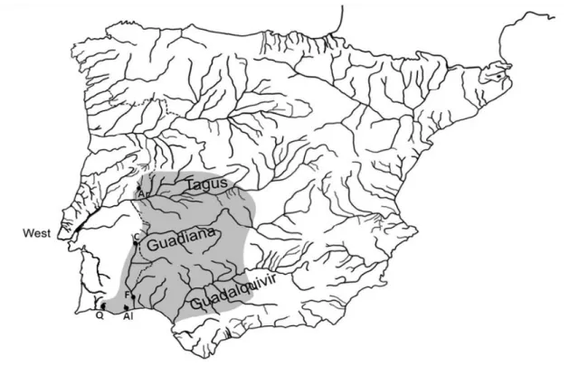 Figure 2. Iberian Peninsula map with sampling locations and I.lemmingii distribution. Q: Quarteira, A: Almargem, C: 