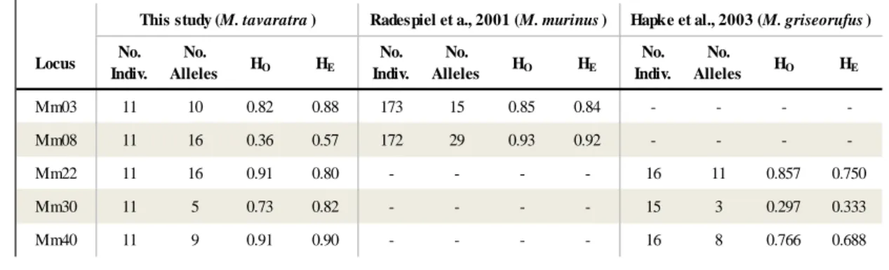 Table 9: Genetic diversity of each locus across Microcebus  species.