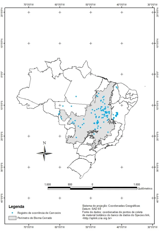 Figura  3.  Distribuição  geográfica  de  Tachigali  subvelutina  (Benth.)  Oliveira-Filho  (Carvoeiro)  no  Brasil,  baseada  em  pontos  de  coleta  registrados  em  herbários  brasileiros  (Fonte: ferramenta de busca: Species link, http://splink.cria.og