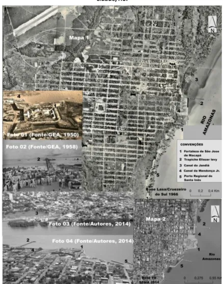 Figura 3: Cartografia elaborada sobre ortofotos destacando os elementos paisagísticos culturais e de produção da  cidade/rio