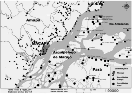 Figura 4: Cartografia da distribuição espacial das localidades ribeirinhas concêntricas à Macapá no Delta do  Amazonas