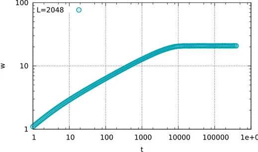 Figura 4.1: Dinˆ amica de satura¸ c˜ ao no modelo de corros˜ ao para uma superf´ıcie de L = 2048 em 1 + 1 dimens˜ oes.