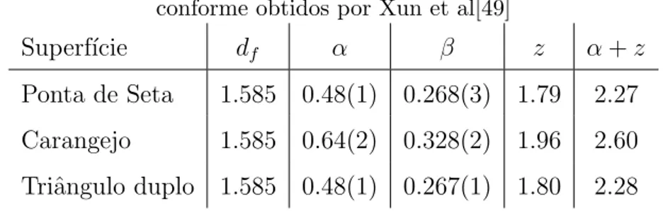 Tabela 4.1: Expoentes do modelo de corros˜ ao em superf´ıcies de dimens˜ ao fractal, conforme obtidos por Xun et al[49]