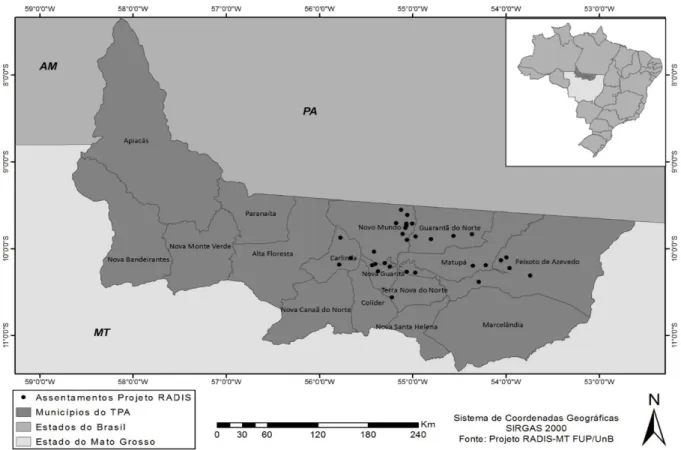 Figura 1 – Localização dos 32 assentamentos utilizados nesse estudo, distribuídos em sete municípios no norte  do Mato Grosso