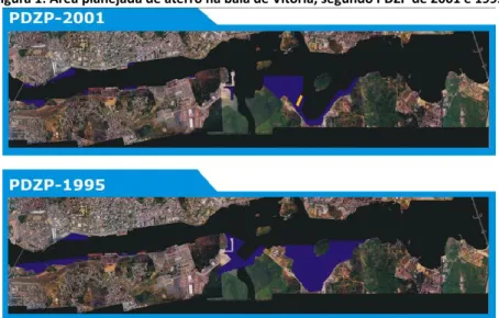 Figura 1: Área planejada de aterro na baía de Vitória, segundo PDZP de 2001 e 1995 