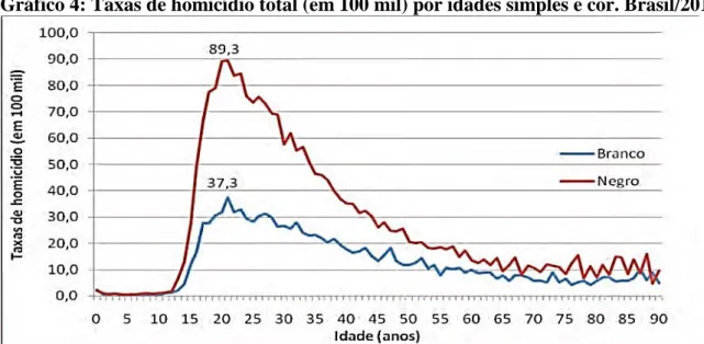 Gráfico 4: Taxas de homicídio total (em 100 mil) por idades simples e cor. Brasil/2010 