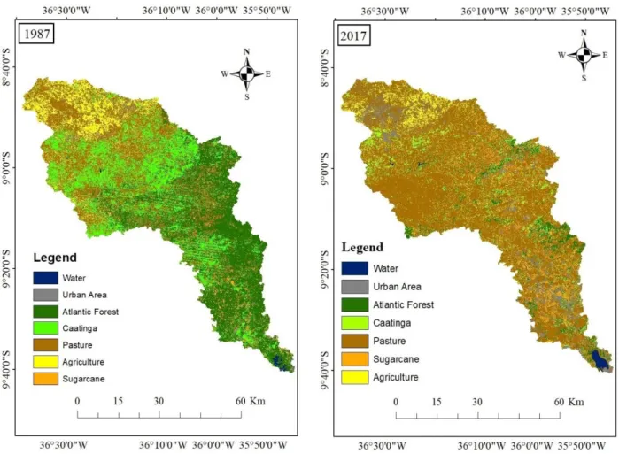 Figure 3. Land-use classes for Mundaú Basin in the regeneration (1987) and degradation (2017) scenarios