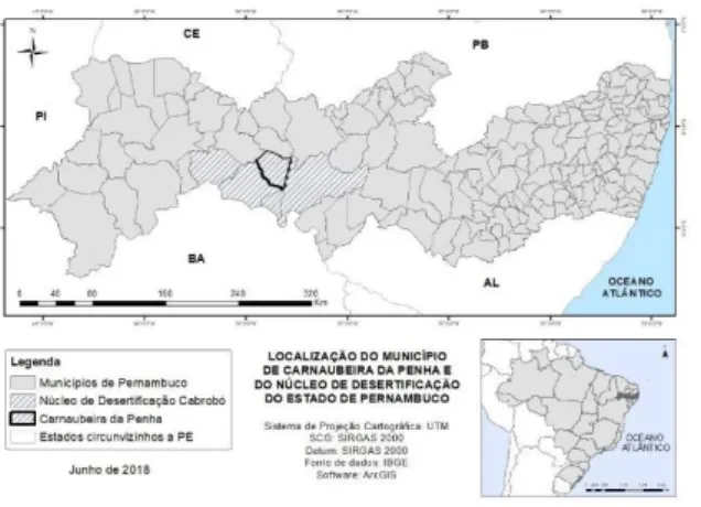 Figura  1.  Localização  do  município  de  Carnaubeira  da  Penha  no  Núcleo  de  Desertificação  Cabrobó,  Pernambuco,  Brasil