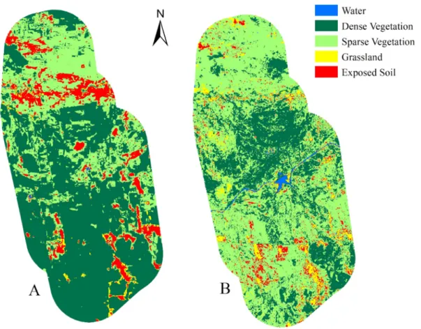 Figure 2. Land-use and coverage maps of Itapemirim farm and its landscape in the years 2007 (A) and 2017  (B)