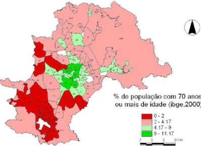Figura 5 – Percentual da população residente com 70 anos ou mais no município de Campinas (divisão por UTB’s)  - Censo de 2000 