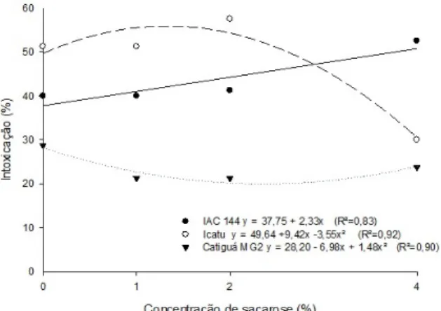 Figura 3. Valores de porcentagem de intoxicação  (%)  de  Coffea  arabica  L.  cultivares  Catuaí  IAC  144, Icatu e Catiguá MG2, submetidas às subdoses  de 0%, 1%, 2% e 4% de sacarose
