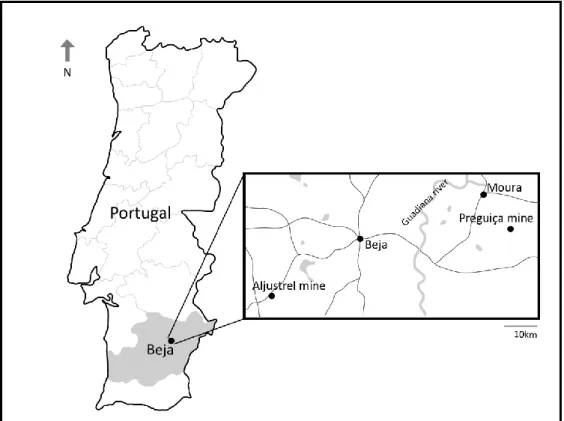Figure 8 Map of Portugal showing the location of the Aljustrel and Preguiça mines. 