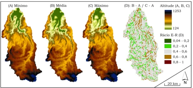 Figura  4.  Método  de  cálculo  do  rácio  elevação-relevo.  A)  superfície-raster  da  altitude  mínima  em  áreas   circulares  com  6  células  de  raio  (estatística  de  vizinhança);  B)  idem,  para  a  altitude  média;  C)  idem,  para  a  altitude