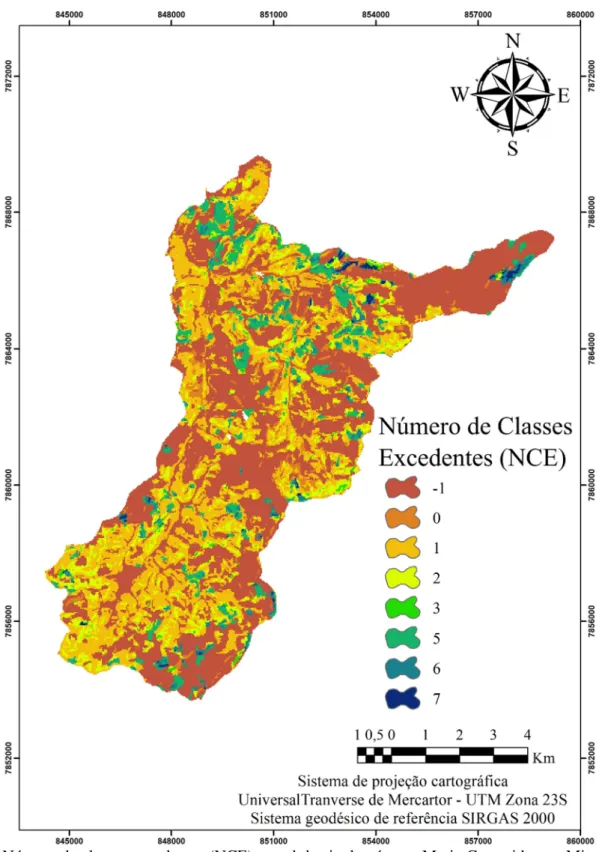 Figura 6. Número de classes excedentes (NCE) na sub-bacia do córrego Maria Comprida, em Minas Gerais