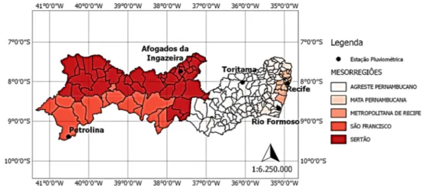 Figura 1. Localização dos postos pluviométricos utilizados para caracterização das mesorregiões do estado  de Pernambuco