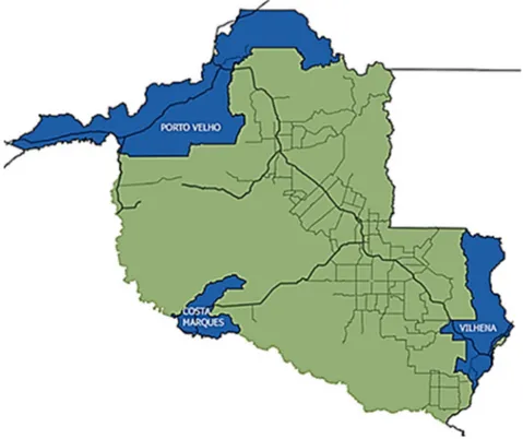 Figura  1.  Localização  dos  municípios  de  Porto  Velho,  Costa  Marques  e  Vilhena,  onde  foi  aplicada  a  classificação climática de Thornthwaite no Estado de Rondônia (base de dados - ZEERO 2002)