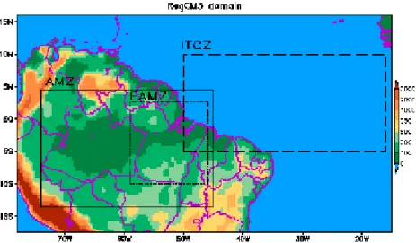 Figura 1. Domínio do modelo RegCM3 usado nas simulações, com a topografia (m). As caixas indicam a  região  da  Amazônia  (AMZ)  como  um  todo  (linha  contínua),  o  leste  da  Amazônia  (EAMZ)  (linha  pontilhada), e região da ZCIT (Zona de Convergência