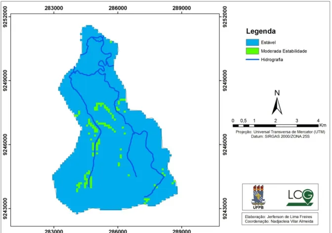 Figura 4. Mapa da vulnerabilidade geomorfológica da sub-bacia dos rios Velho e Açu, Rio Tinto-PB, Brasil